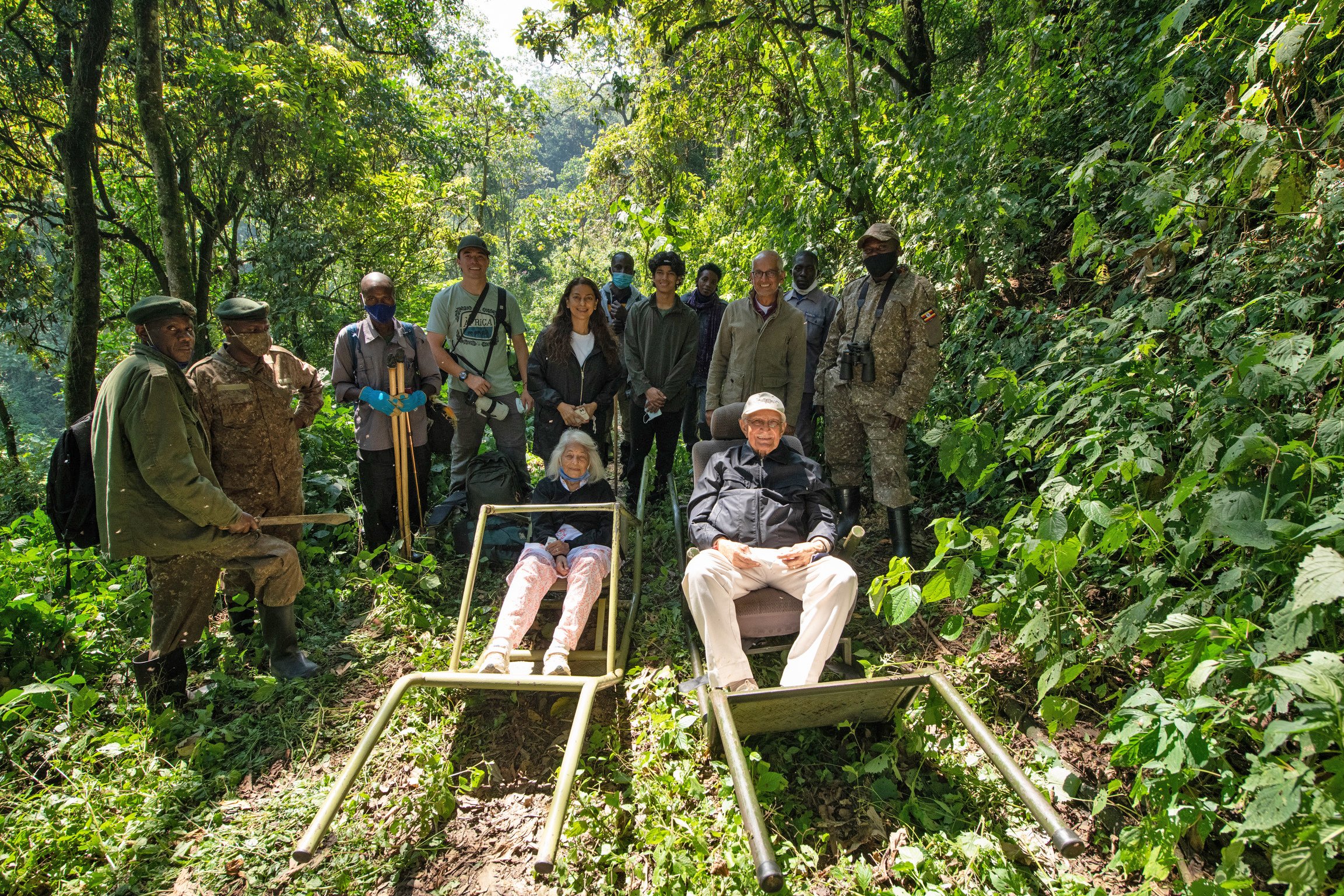 Porters carrying tourist on gorilla trekking experience